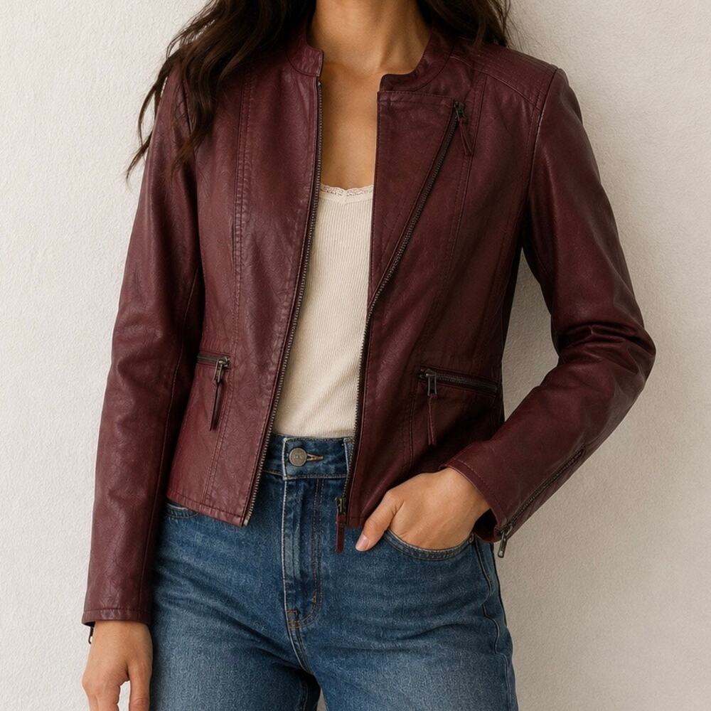 BLANK NYC | Burgundy Vegan Leather Moto‎ Biker Zip Front Jacket | Small